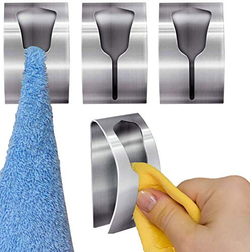 Tatkraft IDA 4 Stück Handtuchhalter Bad und Küche, Geschirrtuchhalter Ohne Bohren, Handtuchklemme Selbstklebende Wandhaken, Gebürsteter Edelstahl