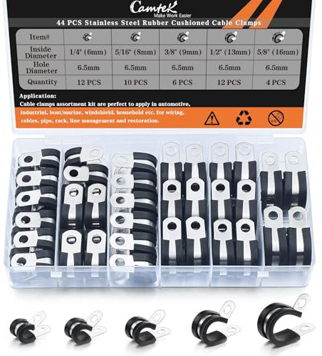 44PCS Cable Clamps, Camtek Stainless Steel Rubber Cushion Pipe Clamps Hose Clamps Metal Clamp Rubber Cushioned Fuel Line Hose Water Pipe Air Tubing Spring Clips Clamps Assortment Kit - 5 Sizes