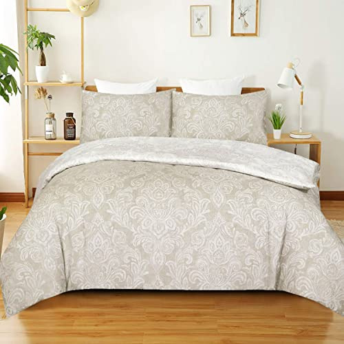Best Linen King Size Duvet Cover Sets with 2 Pillowcases 100% Microfiber Soft & Breathable Bedding Set Easy Care Machine Washable (Beige Damask, King 3 Piece) (Duvet002)