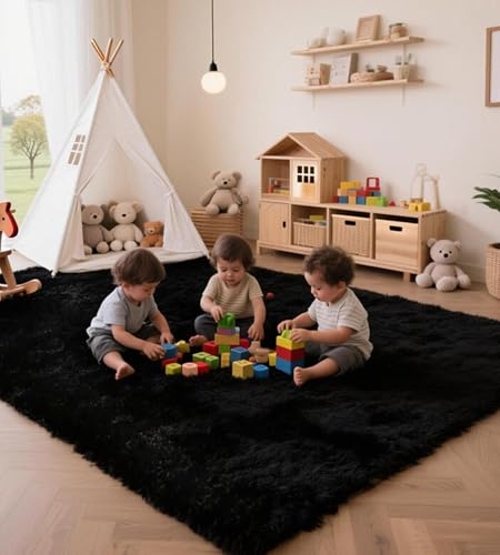 MARATIP Teppich Wohnzimmer Schwarz 200x300 cm flauschig weich | Hochflor-Teppich, waschbar, rutschfest, weich. Ideal für offene Räume, Esszimmer und große Schlafzimmer.