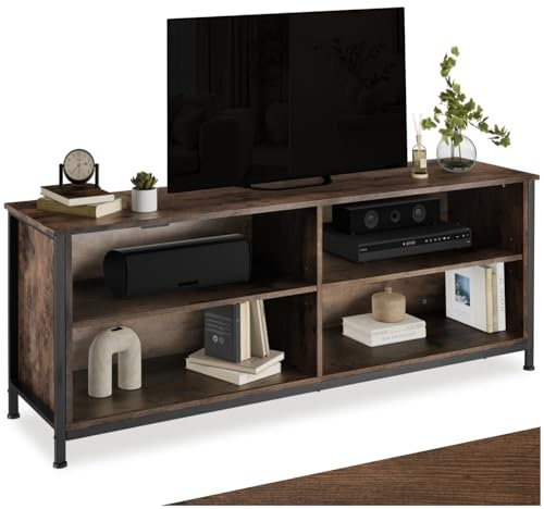 tectake® Industrial Lowboard, TV Schrank Regal mit 4 Fächern, 147 cm, Fernseher bis zu 70 Zoll, TV Ständer mit Kabelaussparungen, Sideboard Holz + Metall - Industrial Dunkelbraun