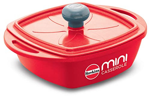 Hawkins 0.75 Litre Mini Casserole with Lid, Square Series Die-Cast pan for Cooking, Reheating, Serving and Storing, (Red)