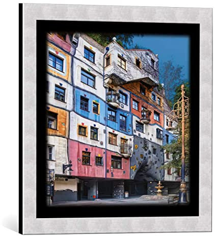 kunst für alle Bild mit Bilder-Rahmen: Friedensreich Hundertwasser hundertwasser-haus wien - dekorativer Kunstdruck, hochwertig gerahmt, 48x48 cm, Silber gebürstet