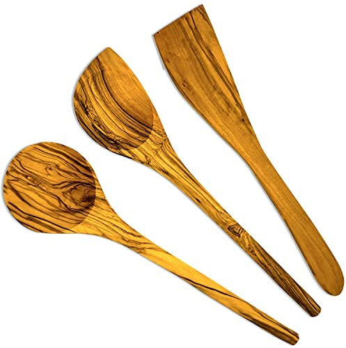 Cucchiai da cucina di alta qualità, 3 set in legno d'ulivo, rotondi, con angolo + spatola (set da 3)