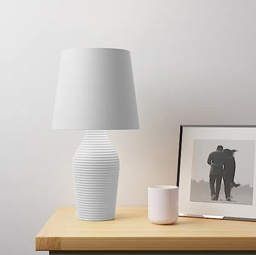 DEENZ Stoneware Table Lamp Faux Linen Fabric Shade with A Satin Ribbed Glazed Reading, Bedroom, Living Room, Study, Office (Dove Grey)