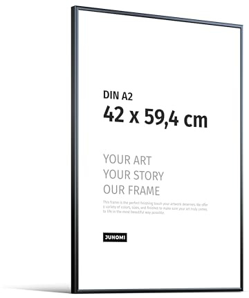 JUNOMI® Bilderrahmen DIN A2 (42x59,4 cm), Aluminium Schwarz matt | Moderner schmaler Rahmen aus Aluminium mit bruchsicherem Acrylglas, Hoch- und Querformat, für Fotos, Poster und Kunstdrucke