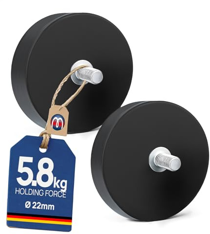 2 x Neodym Magnet-System gummiert Ø 22 mm Gewinde-Zapfen (Außen-Gewinde): M4 - Haftkraft 5,8 kg - 2 Stück - Starke Magnete mit Gummi-Mantel Anti-Rutsch Beschichtung
