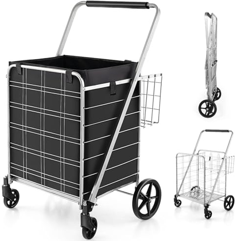 TANGZON Folding Shopping Cart on Wheels, 126L/150KG Capacity Metal Grocery Cart with Extra Basket, Removable Liner & Dense Mesh Base, Jumbo Portable Utility Push/Pull Trolley for Market (Black+Silver)