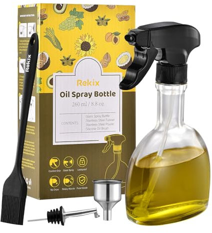 Rekix Glasölsprühflasche, 250 ml Ölsprüher zum Kochen, großer Olivenölsprüher Ölnebel für Luftfritteuse, Grill, Küchenölspritzer, Kochsprühflasche, Geschenkset
