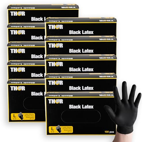ABENA THOR Latexhandschuhe Schwarz, 1000 Stück, Größe L – Einmalhandschuhe Puderfrei, Einweghandschuhe für Küche, Putzen, Grillen & Werkstatt – Größen S, M, L, XL