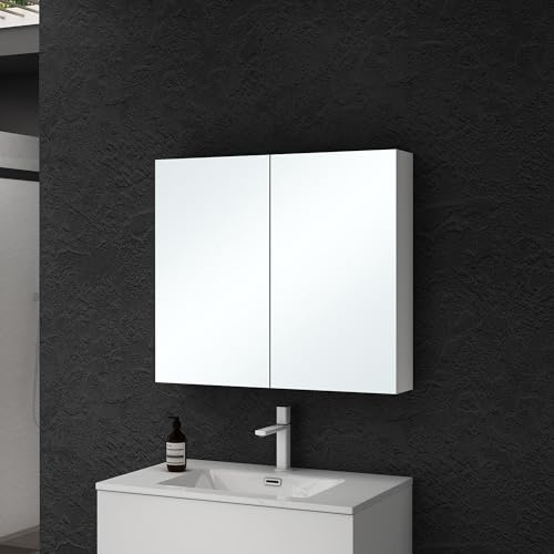 doporro Spiegelschrank Wandschrank Spiegel matt weiß 80x70cm 2 Türen | Modernes Design Hängeschrank Aufbewahrungsschrank für Badezimmer mit verstellbarem Regalbrett Spiegelschrank 02