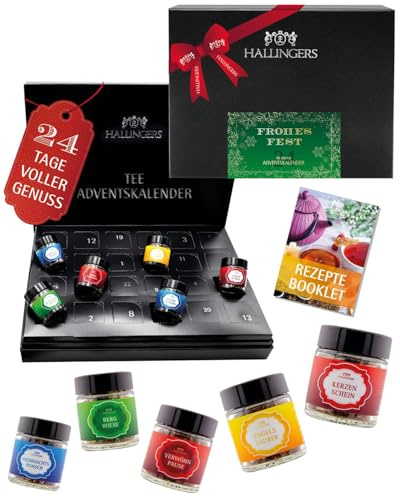Hallingers Genuss Manufaktur Tee Adventskalender-Set - 24 Sorten premium loser Tee Probierset in edler Box mit Rezept-Booklet Frohes Fest - G..., Weihnachtskalender für Frauen Männer