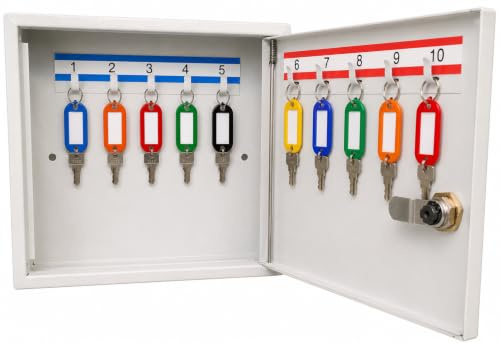 LEOMAR Schlüsselschrank, Schlüsselkasten mit 10 Haken, Schlüsselbox aus Stahlblech, mit Festen Hakenleisten, Organizer zur Wandbefestigung, Abschließbar, mit Montagematerial, 6 x 20 x 17 cm