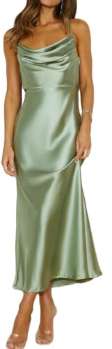 Mogidol Sommerkleid, Satin, Spaghettiträger, Wasserfallausschnitt, rückenfrei, Midi-Kleid, elegante Schnürung mit niedrigem Rücken, gerüschtes Cocktailkleid