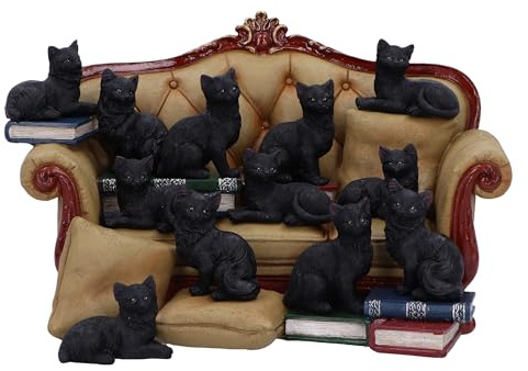 Nemesis Now Couch-Clowder-Ausstellungsstück mit 48 Katzen Figuren-Set 22 cm, Kunstharz, schwarzes Katzensofa mit 48 Katzenfiguren, Schwarze Katzenware, aus feinstem Harz gegossen, fachmännisch