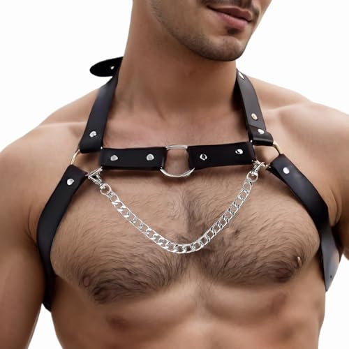 BPZXL Herren PU Leder Brustgeschirr mit Kette, Sexy Body Harness Gürtel für Männer, Verstellbarer Herren Punk Brustgürtel Schultergeschirr Muskelshow Mode Kostüme Clubwear für Cosplay Party Nachtclub,