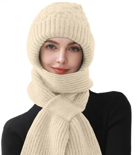 CheChury Bonnet Écharpe 2 en 1 Femme Hiver Accessoires, Épais, Douillet, Coupe-Vent, Protection Auditive Intégrée, Tricoté, Beige, Taille Unique, Casual, Adulte, Femme