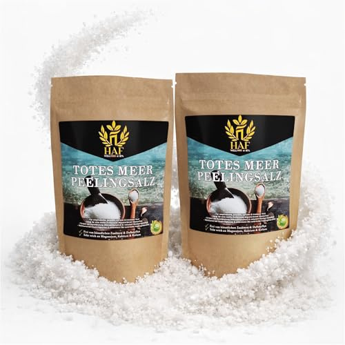 HAF® Premium döda havsskalningssalt för känslig och torr hud | 2 x 1 kg i påsar | Saltskalning 100 % naturlig ren från Jordanien för ansikte och kropp | kroppsskrubb för bastu, dusch och ångbad