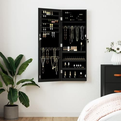 Iiaky Schmuckschrank mit Spiegel Wandmontage Schwarz 37,5x10x106 cm Schminktisch Organizer Schminktisch ZubehöR