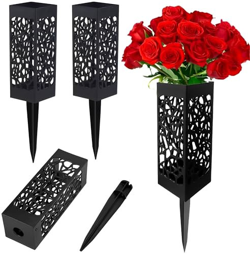 MZSX 4 pcs Vaso per fiori funerari, vasi per fiori commemorativi in plastica, portafiori da tomba con inserto a terra di facile installazione, portafiori per lapide per decorazioni cimiteriali