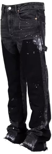 M&Catree Herren Flared Jeans Y2K Streetwear Denim Hose Tintenspritze Patchwork Bootcut Baggy Freizeithose Hip Hop Skateboard Hosen