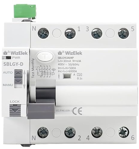 WizElek Interrupteur Différentiel 4P 63A 30mA type A Réarmement Automatique | Réarmement automatique après coupure - ON/OFF télécommandable à distance - Triphasé Type A & AC - 42 kW 10 kA - Rail DIN