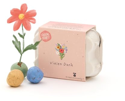 Wachsendes Dankeschön-Geschenk | 6 bunte Saatkugeln mit Wildblumen-Saatgut im Mini-Eierkarton | kleines Dankeschön als Zeichen für Dankbarkeit, zum Abschied, als Gastgeschenk & Dankespräsent