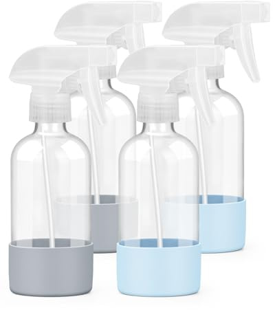 Worldgsb 4 Pack Glass Spray Bottles 8 oz, Empty Refillable Containers with Silicone Sleeve Protection, Glass Spray Bottles for Cleaning Solutions, Hair and Plants with Adjustable Nozzles Blue&Grey
