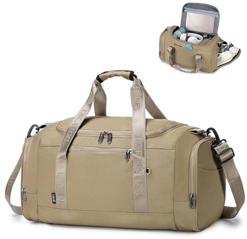 SPAHER Borsa Palestra Donna Uomo con Porta Scarpe e Tasca Umida 34L Borsone da Viaggio Sportiva Piscina Impermeabile con Tasche Isolate Duffel Gym Bag per Weekend Sport Fitness, Khaki