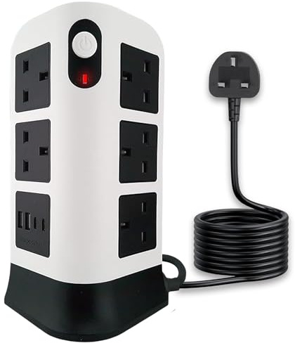 TB1 12-Gang Power Tower with USB-C & USB-A, Surge Protected Multi Plug Extension Lead, 3250W Vertical Power Strip with Switches, Flame Retardant Build, 1.8M Cable for Home, Desk & Office Use