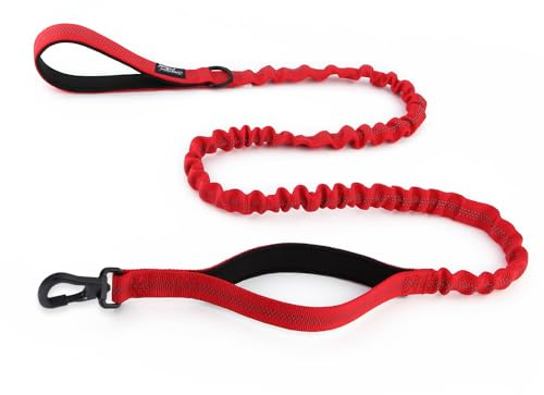 Snootiful Hound Secure Bungee Dog Lead With Locking Carabiner Clip - Double Handle Shock Absorbing Lead - Assorted Colours - 150-200cm (Red)