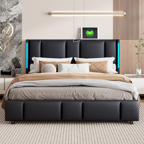 BRYXR 140 x 200 cm Polsterbett, Bett with LED Lighting & USB Charge, Modern Hydraulic Storage Bed Frame for Youth, No Mattress Included, Schwarzes PU-Leder