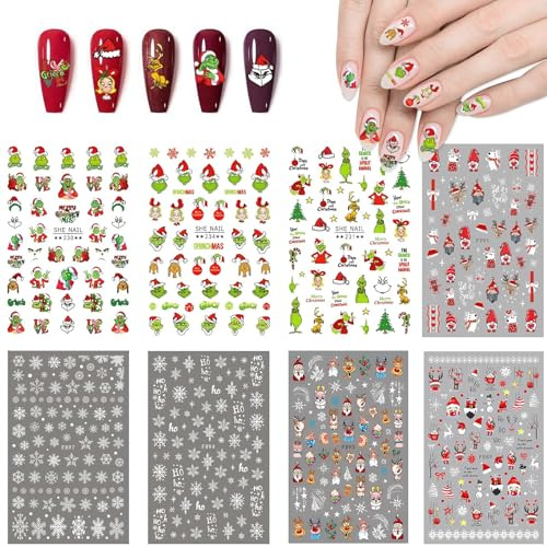 Nagelsticker Weihnachten, 8 Blatt Nail Sticker Weihnachten, DIY Dekoration Nagelspitzen Weihnachtsmann Nagelaufkleber Nagel Sticker, Grüne G./-rinchs Deko Weihnachtssticker Nägel