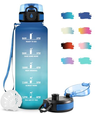 JAPORIA Trinkflasche Auslaufsicher 1.5L, Motivierende Trinkflasche mit Zeitmarkierung, Kohlensäure Geeignet, Sportflasche mit Filter, Wasserflasche Sport für Laufen, Bergsteigen, Reisen, Radtouren