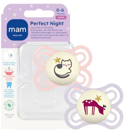 MAM Perfect Night Schnuller, 0-6 Monate, Katze/Reh, 2 Stück | Beugt Zahnfehlstellungen vor, SkinSoft Silikon, leuchtender Knopf im Dunkeln, inkl. Sterilisierbox, BPA-frei