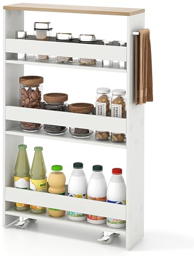 COSTWAY Chariot de Rangement 13 cm à roulettes, Desserte de Cuisine Etroit à 4 Niveaux avec Poignée Latérale et Roues Universelles avec Freins, Design Étroit pour Petit Espace (Blanc+ Naturel)