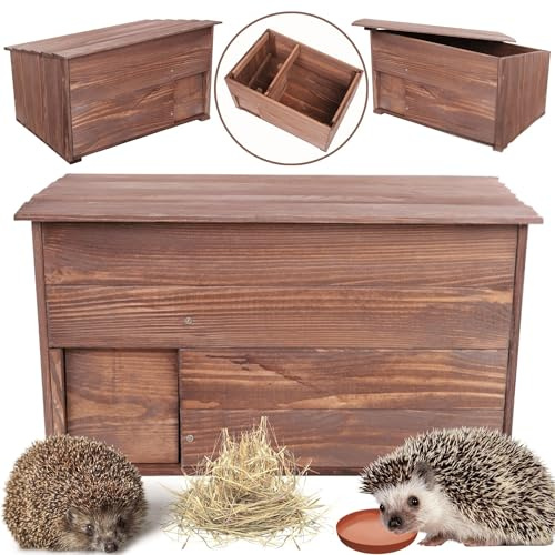 MODO24 Igelhaus aus Holz, Stabiles Igel Winterquartier mit Labyrintheingang, Boden & Trennwand, Igelhütte/Igelhotel für Winterschlaf, inkl. Heu & Futterschale, Maße 27x37x27 cm, Braun imprägniert