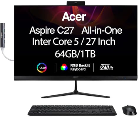 acer Aspire 27 All-in-One Desktop, 27 IPS FHD Display, AMD Ryzen 7 5825U (Ryzen 7 5000 Series), 64GB DDR4, 2TB SSD, Wi-Fi 6E, Webcam, Bluetooth 5.3, Windows 11 Pro, with DKZ USB Port Expander