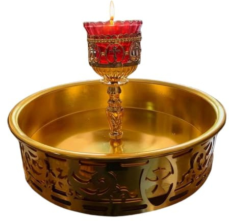 RZRHMUHN Eastern Orthodox Holy Water Basin with Cross Oil Lamp - Zinc Alloy Ornate Religious Ritual Vessel for Church Baptism & Blessing Ceremonies (34cm/13.38in x 21cm/8.2in)