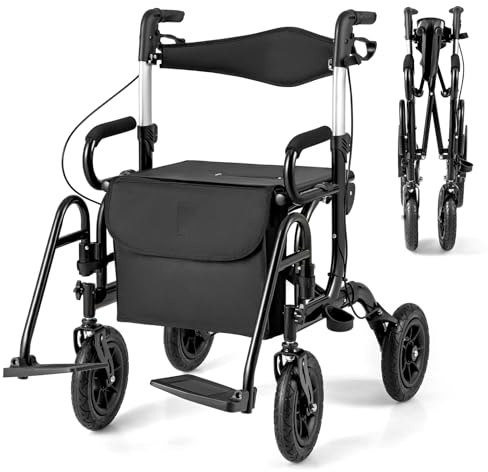 FANTASK 2 in 1 Rollstuhl & Reiserollator, Rollator faltbar & leicht mit Luftbereifung, Gehhilfe bis 140 kg, Rückenlehne mit Sitz 6-fach höhenverstellbar, Gehwagen mit Tasche & Stockhalter (Schwarz)