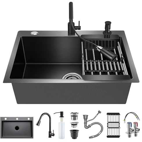 YC-HOGAR Évier Cuisine Noir en Acier Inoxydable 68x45cm –1 Bac avec Robinet
