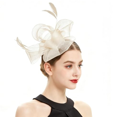 ADUDVLO Elegant Fascinator for Women – Convertible 2-in-1 with Clip & Headband, Soft Feathers & Flowers, Comfortable All-Day Wear for Weddings, Tea Parties & Race Day (Beige)