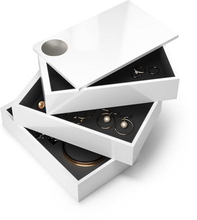 Umbra Spindle Schmuckkasten – Schwenkbares Schmuckkästchen mit 3 Ebenen zur Aufbewahrung von Schmuck, Uhren, Accessoires, Souvenirs und Mehr, Holz / Hochglanz Weiß, Einheitsgröße