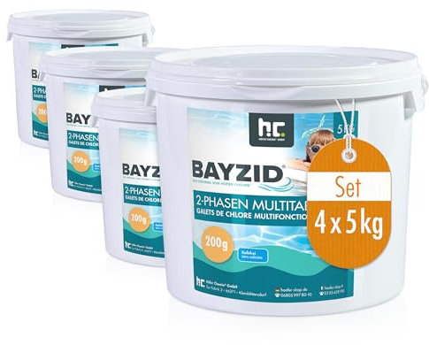 Höfer Chemie Galets de Chlore 4 x 5 kg pour Piscine à Dissolution Lente (200g) - Chlore Multifonction 6 en 1 pour Une Désinfection Régulière et Efficace