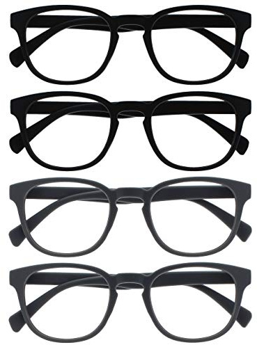 OPULIZE Pop Lesebrille 4er Pack Keck Rund Matt Rahmen Federscharniere Kratzfest Schwarz Grau Herren Damen RRRR2-1177 +2.00