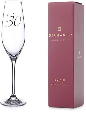 DIAMANTE Swarovski 30th” Birthday Champagne Flute – Single Crystal Champagne Glass with Platinum 30 Embossed and Swarovski Crystals – Gift Boxed