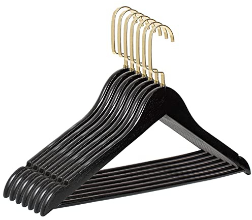 RSR-Hangers 10 Stück Kleiderbügel Holz Schwarz Holzkleiderbügel mit Hosensteg 44,5 cm | 360° drehbarer Haken | Goldhaken| Hemdenbügel | Hosenbügel