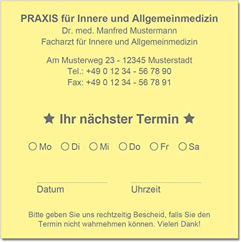 500 Terminzettel Terminkarten nächster Termin mit Ihrer Adresse personalisiert in praktischer Zettelbox mit Stiftehalter 10 x 10 cm (hellgelb)