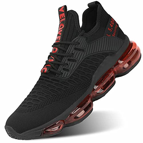 Zapatos Herren Turnschuhe Luftpolster Laufen Mode Schuhe Casual Atmungsaktiv Walking Tennis Gym Athletic Sports Sneakers, schwarz / rot, 46 EU