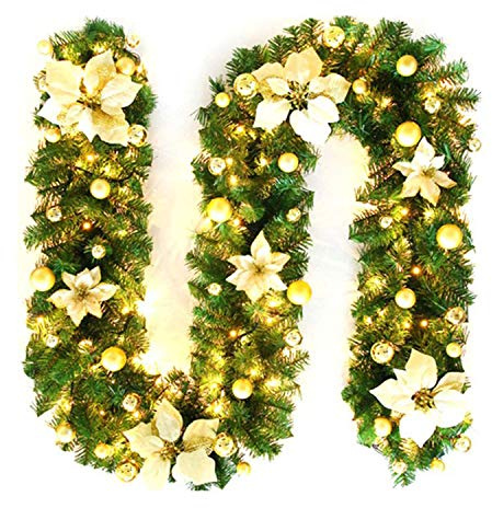Bseical Tannengirlande Weihnachtsdeko Mit Led, 270cm Weihnachtsgirlande Mit Beleuchtung AußEn, Weihnachtsdeko TreppengeläNder, Kamine Treppen Wand TüR, Treppen Dekoration, Beleuchteter Kranz (Gold)